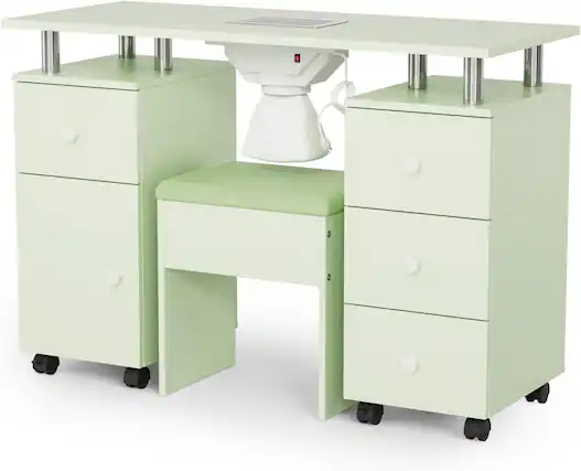 Front. Winado - Nail Desk and Chair Set, Manicure Table with Stool, Dust Collector, Arm Rest, Wheels, Drawers, Cabinet for Makeup Beauty - Mint Green.