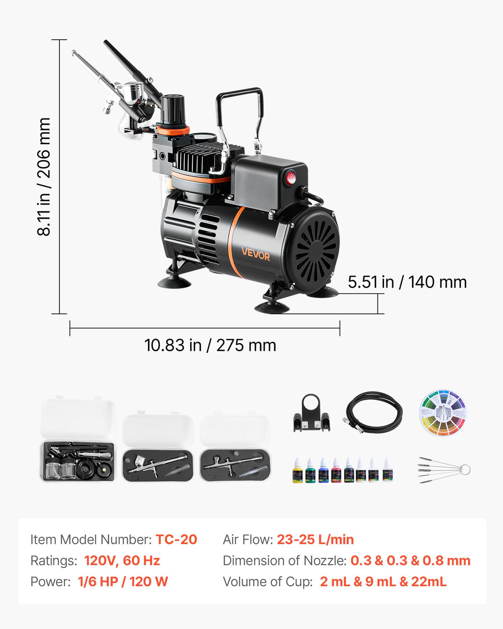 - Item Model Number: TC-20
- Ratings: 120V, 60 Hz
- Power: 1/6 HP / 120 W
- Air Flow: 23-25 L/min
- Dimension of Nozzle: 0.3 & 0.3 & 0.8 mm
- Volume of Cup: 2 mL & 9 mL & 22 mL

Dimensions:
- Height: 8.11 in / 206 mm
- Width: 5.51 in / 140 mm
- Length: 10.83 in / 275 mm