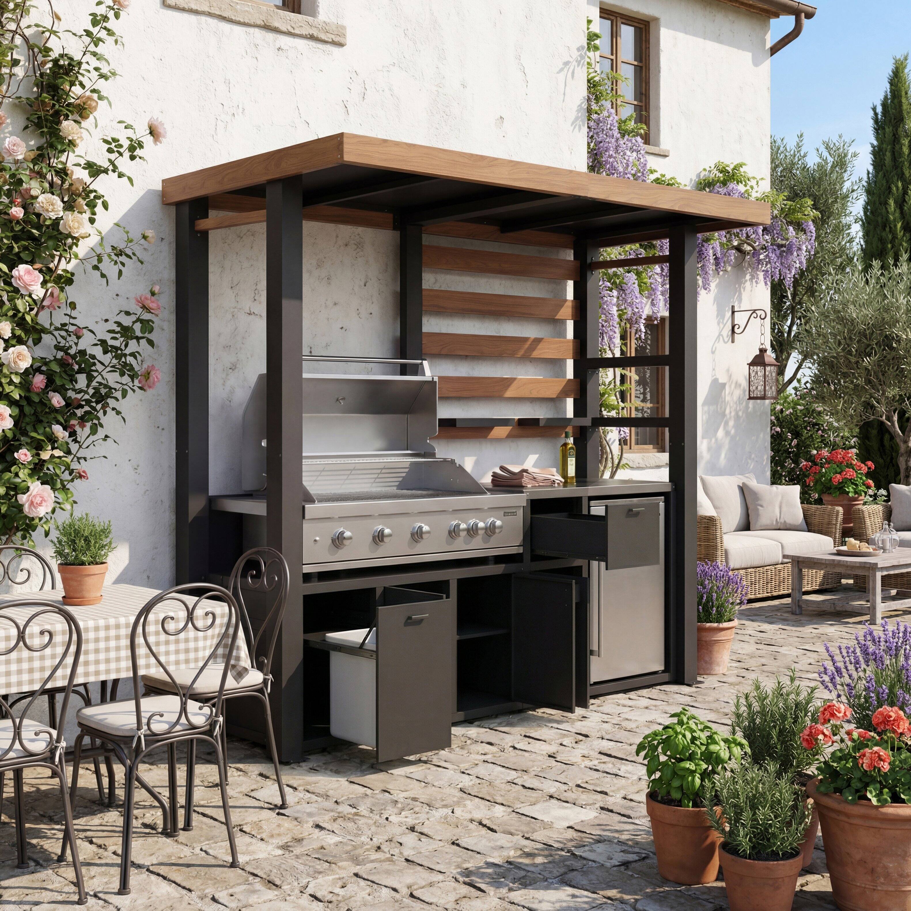 Left. Famapy - Heavy Duty Galvanized Steel Outdoor Grill Gazebo with Storage – Weatherproof BBQ Pavilion for Backyard Cooking - Wooden & Black.
