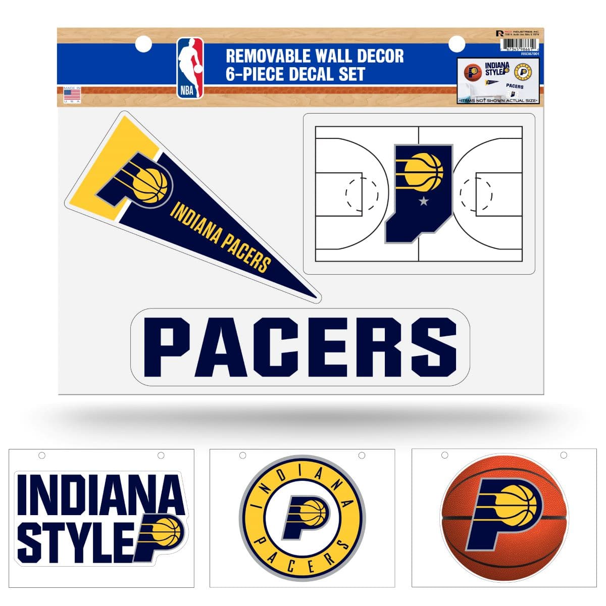 Rico Industries - Indiana Pacers NBA Set of 6 Removable Wall Decal Stickers - Multi