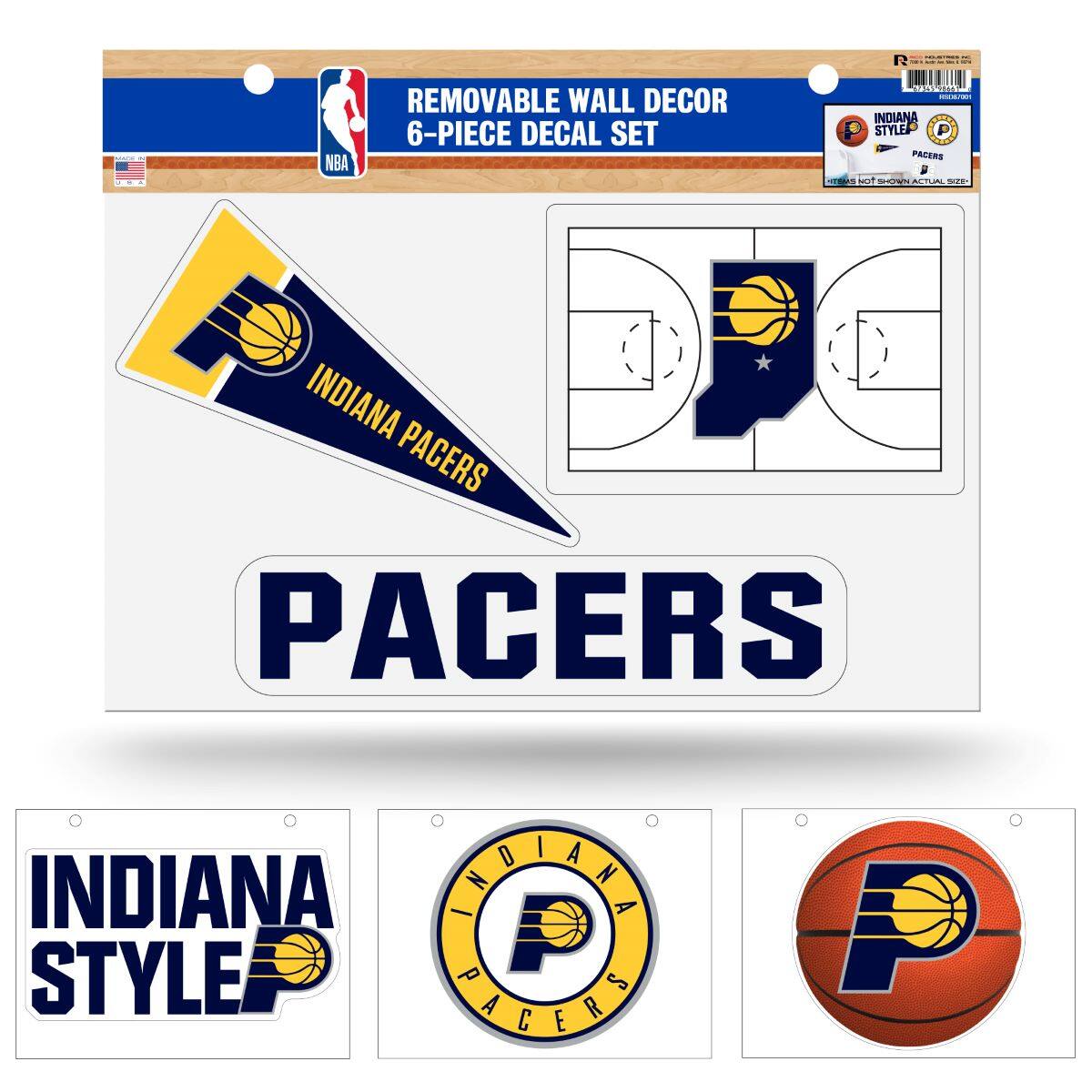 REMOVABLE WALL DECOR  
6-PIECE DECAL SET  

INDIANA PACERS  

PACERS  

INDIANA STYLE  

INDIANA PACERS  

PACERS