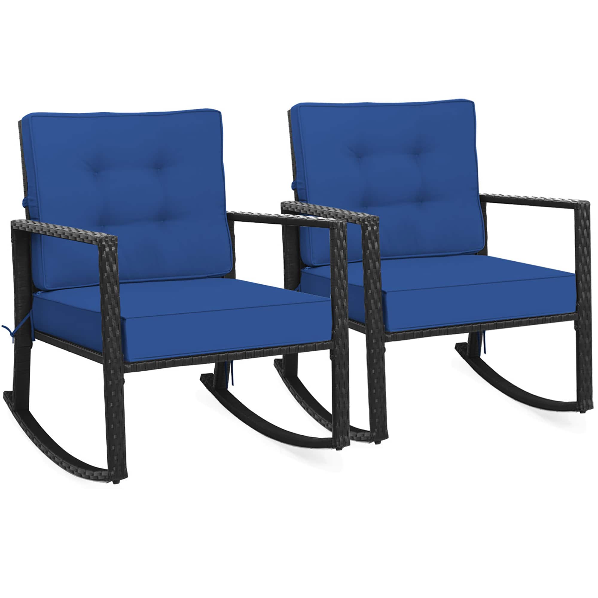 Costway - 2 PCS Patio Rattan Rocker Chair Outdoor Glider Rocking Chair Cushion Lawn - Navy