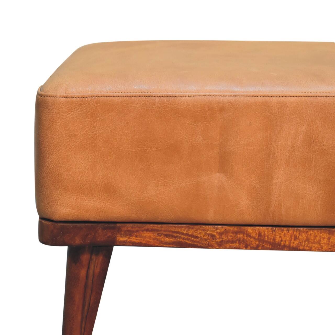 Alt View 1. Artisan Furniture - Artisan Furniture Solid Wood Tan Buffalo Leather Upholstered Footstool, Tan  and Brown - Brown.