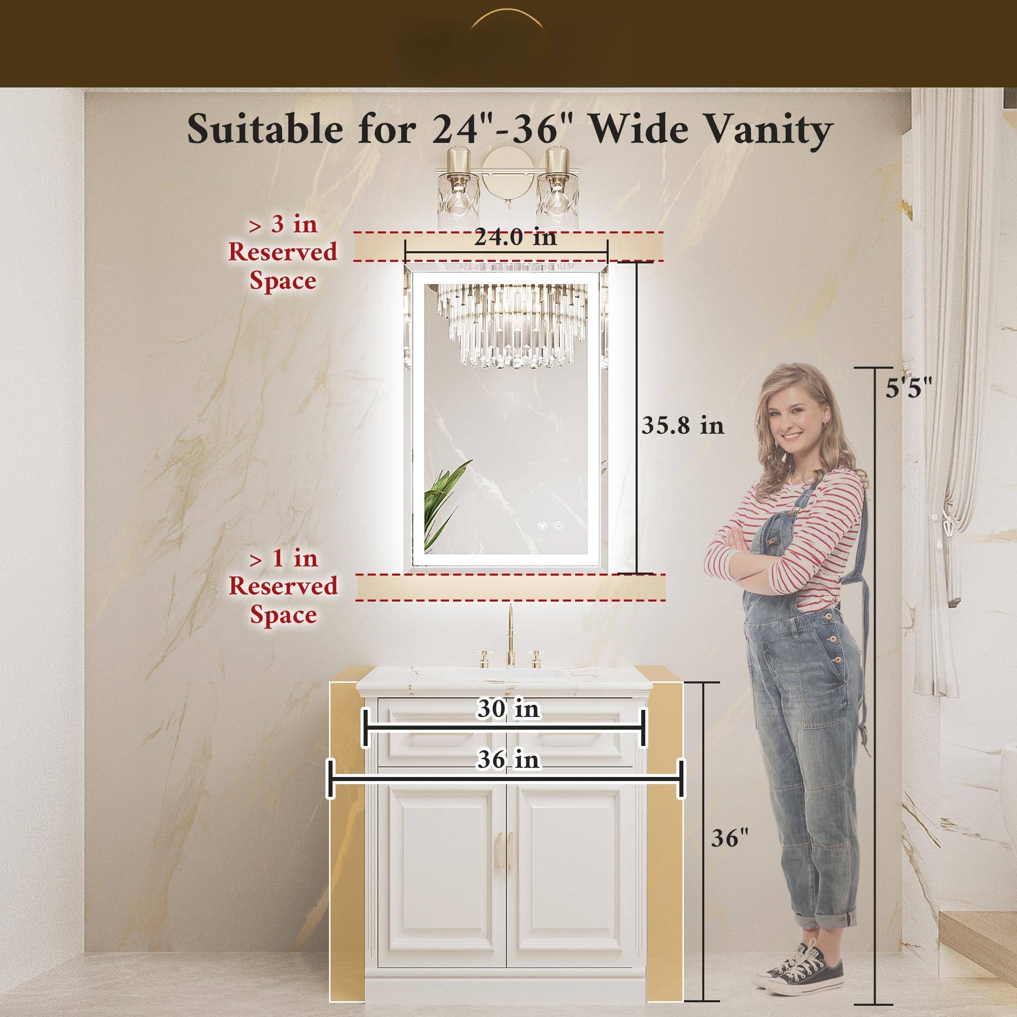 Suitable for 24"-36" Wide Vanity

- > 3 in Reserved Space
- 24.0 in
- 35.8 in
- 5'5"

- > 1 in Reserved Space
- 30 in
- 36 in
- 36"