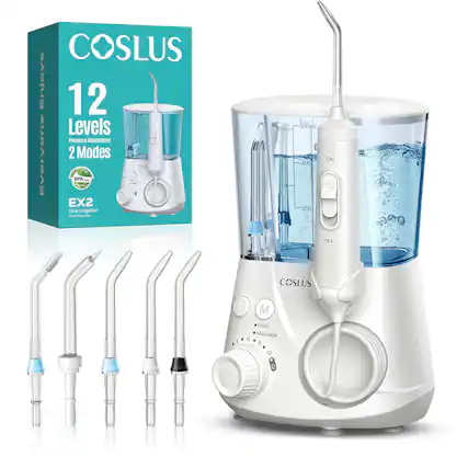 COSLUS Enjoys 12 Levels Pressure Adjustment 2 Modes BPA.
- EX2 Oral Irrigator Munddusche
- 600mL
- ON 400 200 OFF
- COSLUS
- U
- Floss Massage
- 4 6 4 in 1
- 10 5