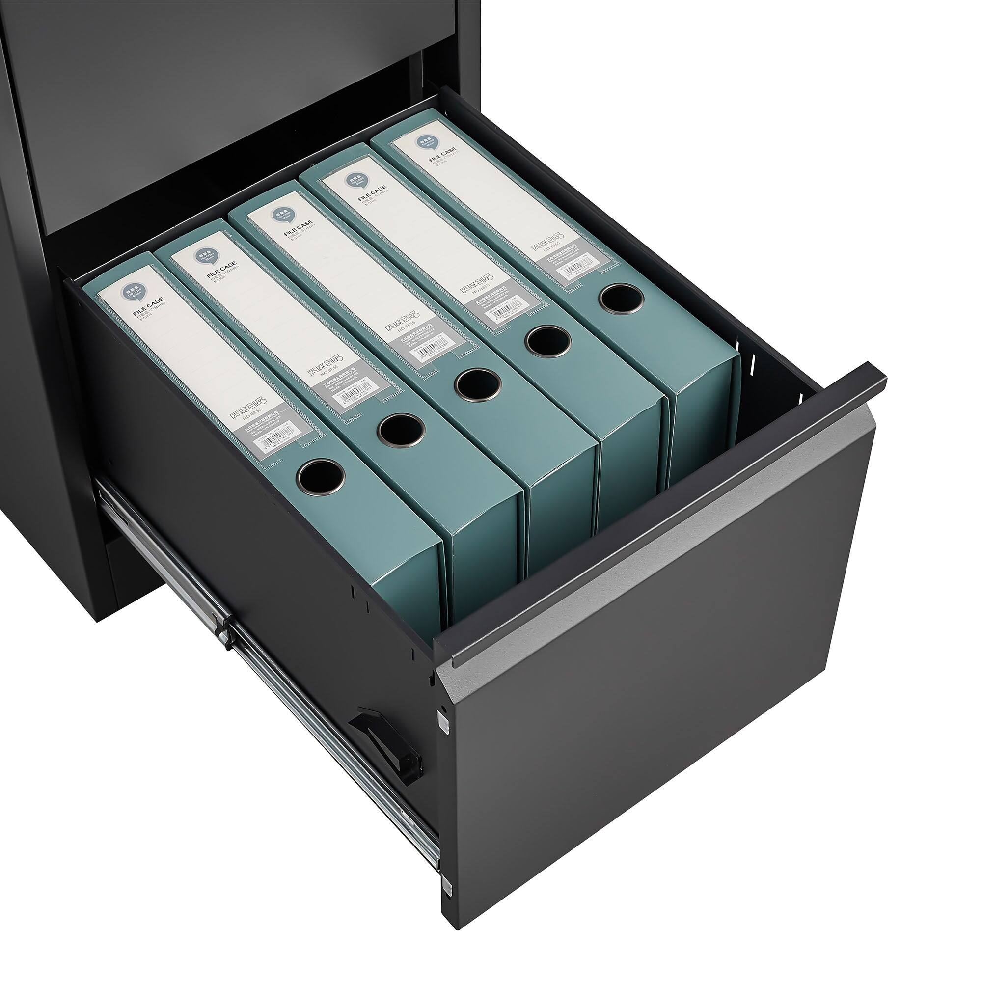 The text on the image appears to be a jumbled and distorted version of a message. Here is the corrected and grouped text:

"Please care for your documents. Thank you for choosing our service. We are here to help you."

This text is likely intended to be a message on the file folders or the storage unit, expressing gratitude and care for the documents.