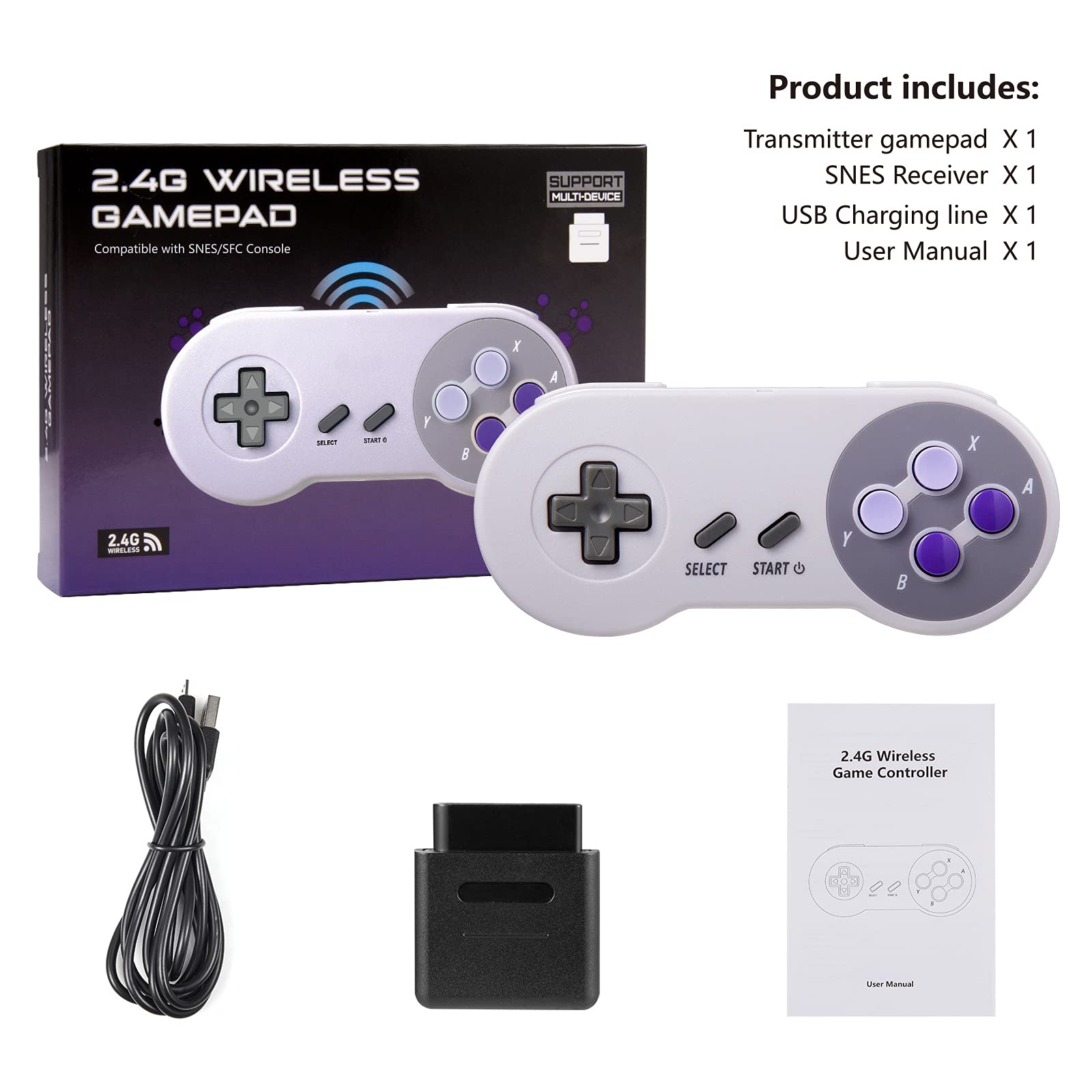 Product includes:  
- Transmitter gamepad X 1  
- SNES Receiver X 1  
- USB Charging line X 1  
- User Manual X 1  

2.4G Wireless Gamepad  
Compatible with SNES/SFC Console  

2.4G Wireless Game Controller