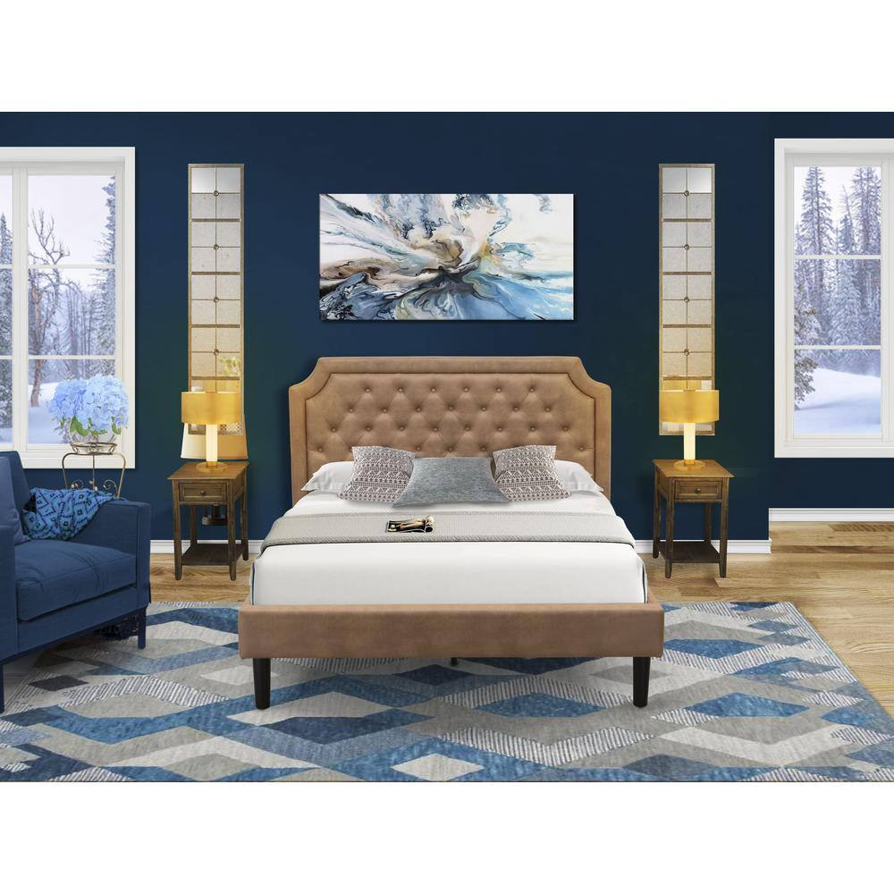 Alt View 3. East West Furniture - GB28Q-2DE07 3-Piece Bedroom Set with Queen Frame and 2 Distressed Jacobean Bedroom Nightstands - Brown Faux Leather and - Brown.
