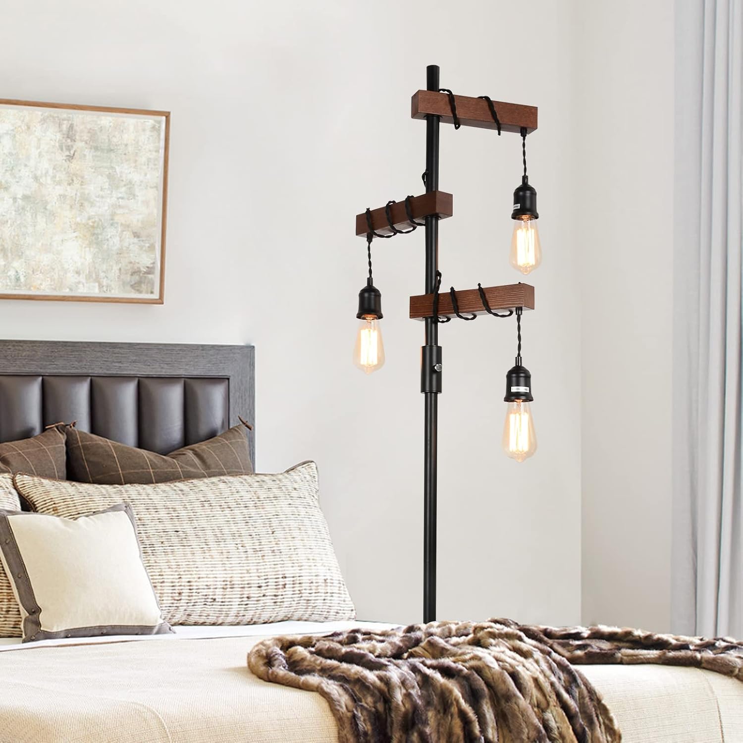 Alt View 1. Ecooso - Dimmable Industrial Floor Lamp, 68-Inch Farmhouse Tree Floor Lamp with 3 Lights and Sturdy Wood Base - Natural & Caramel.