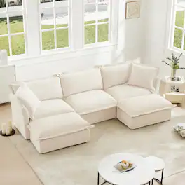 Anysun - U-Shape Chenille Slipcovered Sectional - 3-Seat Deep Seat, French Edges Design & Large Pillows for Living Room - White