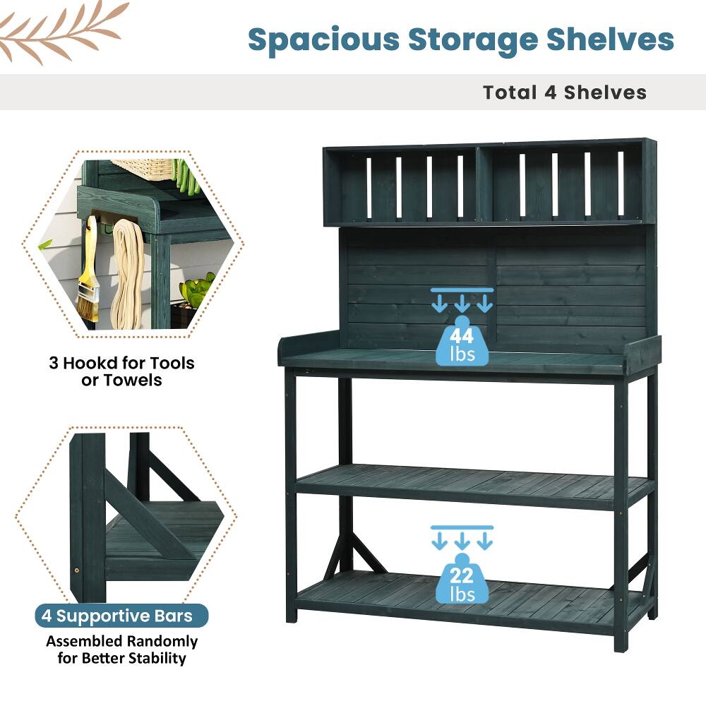 Spacious Storage Shelves  
Total 4 Shelves  
3 Hooks for Tools or Towels  
44 lbs  
4 Supportive Bars Assembled Randomly for Better Stability  
22 lbs