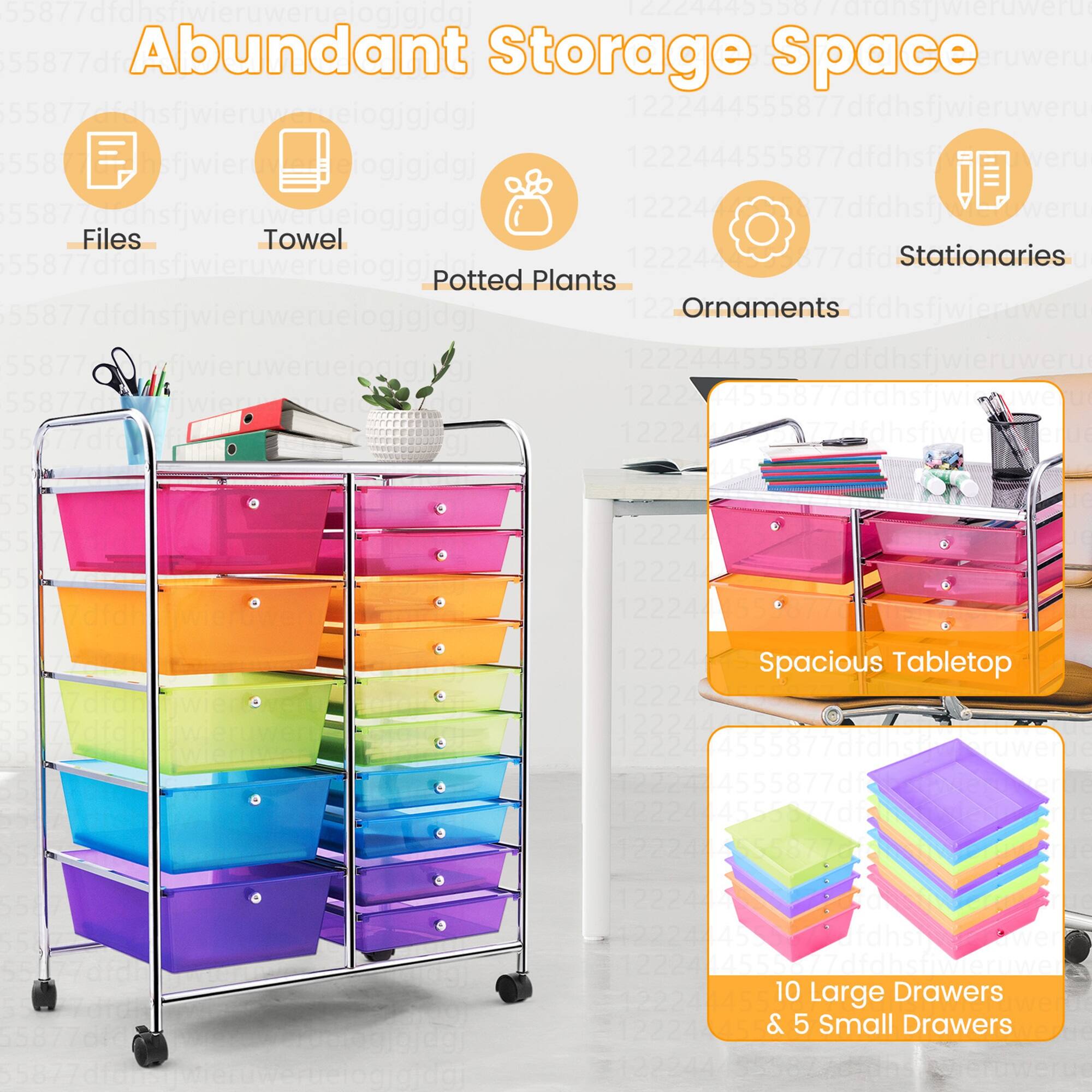 Abundant Storage Space 10 Large Drawers & 5 Small Drawers Files Towel Stationaries Potted Plants Ornaments Spacious Tabletop