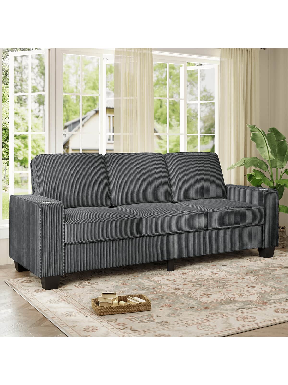 Trinkets Crazed - 83.5 Inch Oversized 3 Seater Couch,Upholstered Corduroy Love Seat Sofa for Living Room,Modern Deep Seat Loveseat Sofa - Gray
