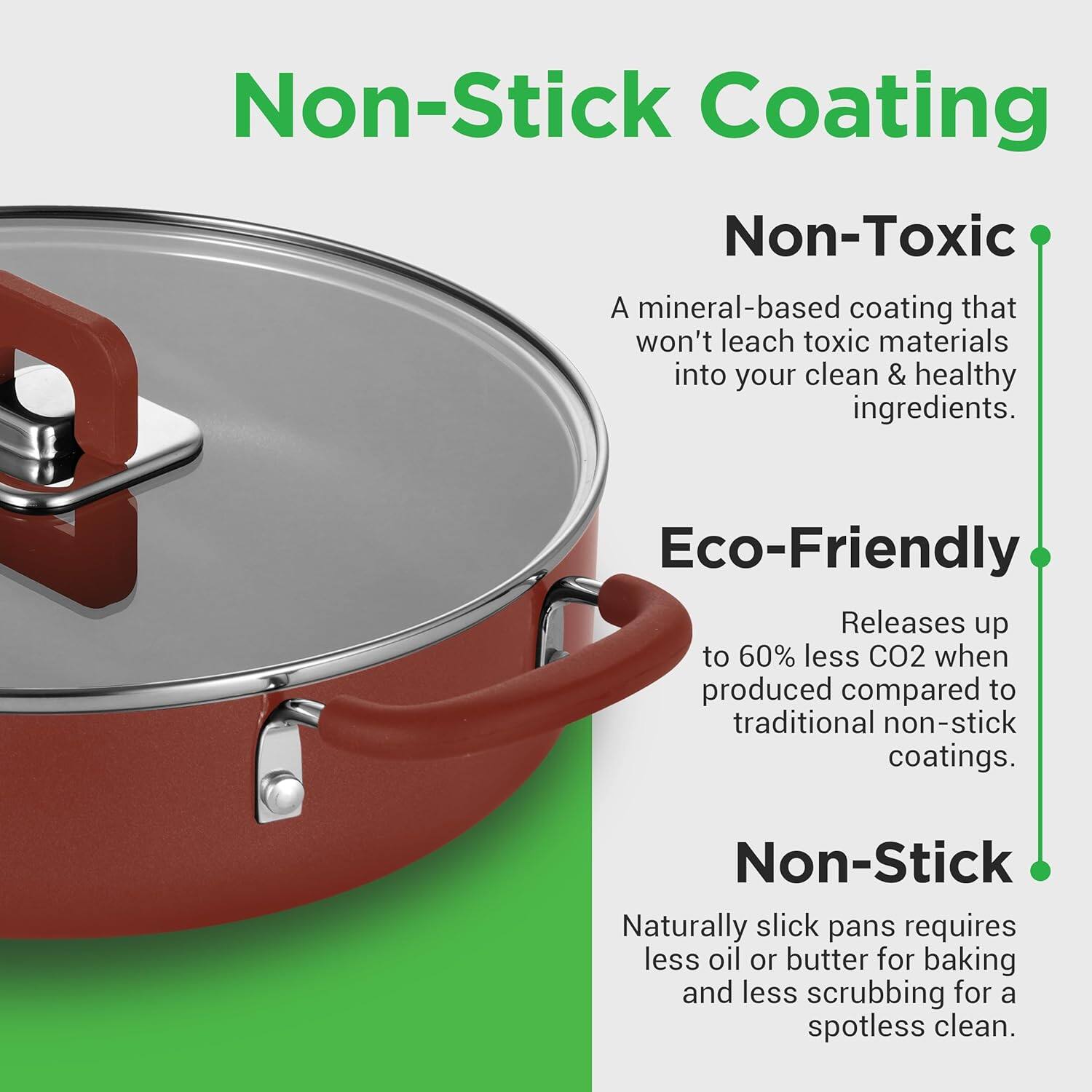 Non-Stick Coating

Non-Toxic  
A mineral-based coating that won't leach toxic materials into your clean & healthy ingredients.

Eco-Friendly  
Releases up to 60% less CO2 when produced compared to traditional non-stick coatings.

Non-Stick  
Naturally slick pans require less oil or butter for baking and less scrubbing for a spotless clean.