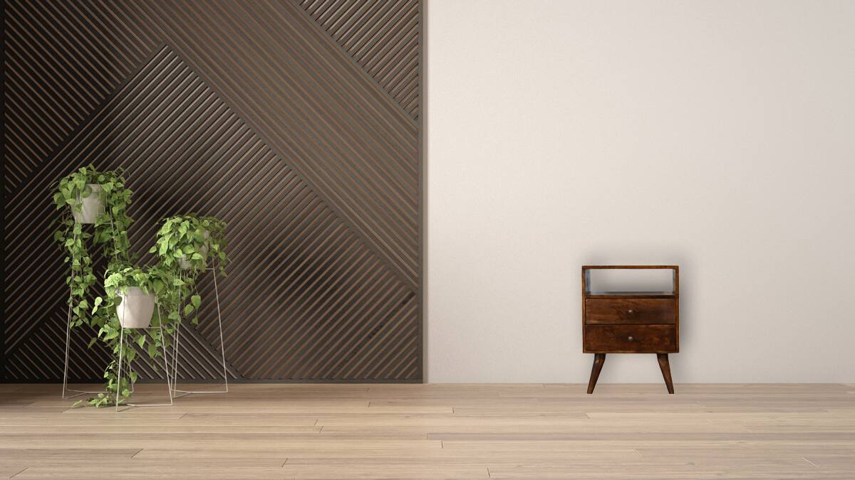 Alt View 6. Artisan Furniture - Artisan Furniture Solid Wood Classic Chestnut Nightstand, 2 Drawers, 1 Open slot, Nordic Legs, Dark Brown - Chestnut.