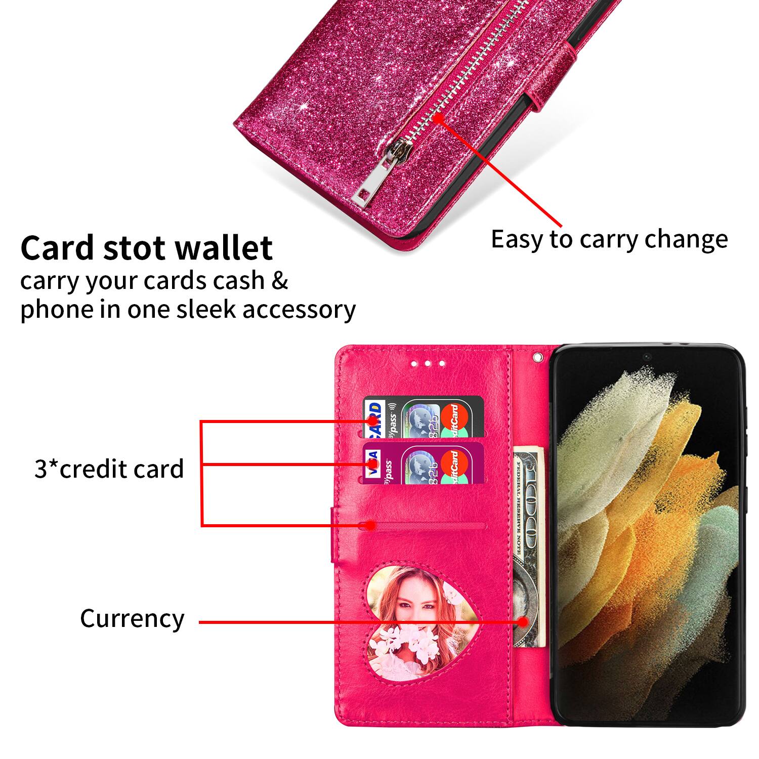 Card stot wallet  
carry your cards cash & phone in one sleek accessory  
Easy to carry change  
3*credit card  
Currency