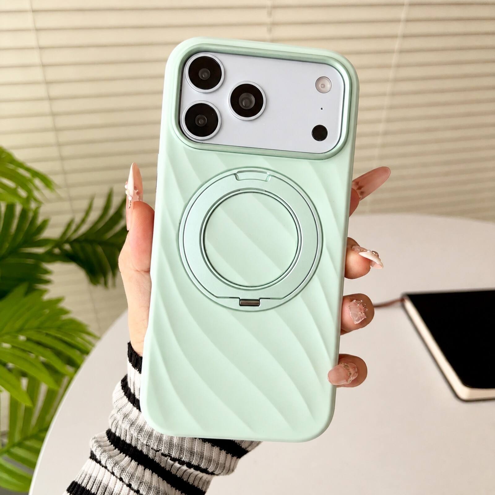 Left. Dteck - For iPhone 18 Pro Liquid Silicone Magnetic Case Compatible With Magsafe,Soft Rubber Wave-Shape Ring Kickstand Cover - Mint.