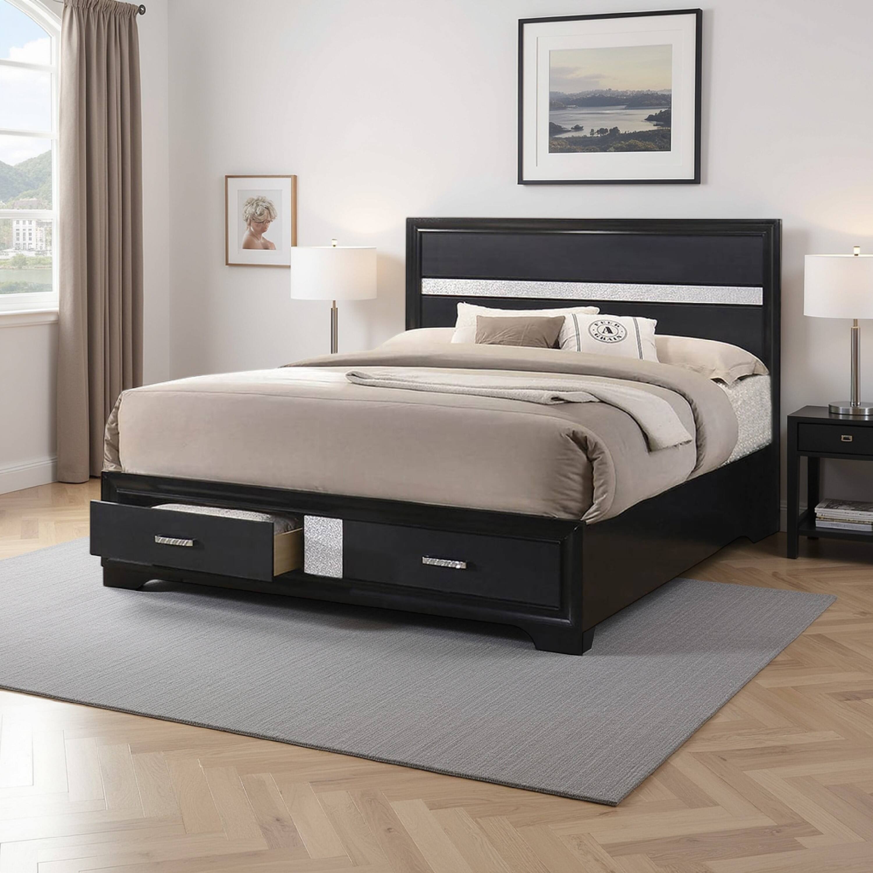 Alt View 5. Manhattan Lane - Wooden Eastern King Size Bed with 2 Storage Drawers - Black and Silver.