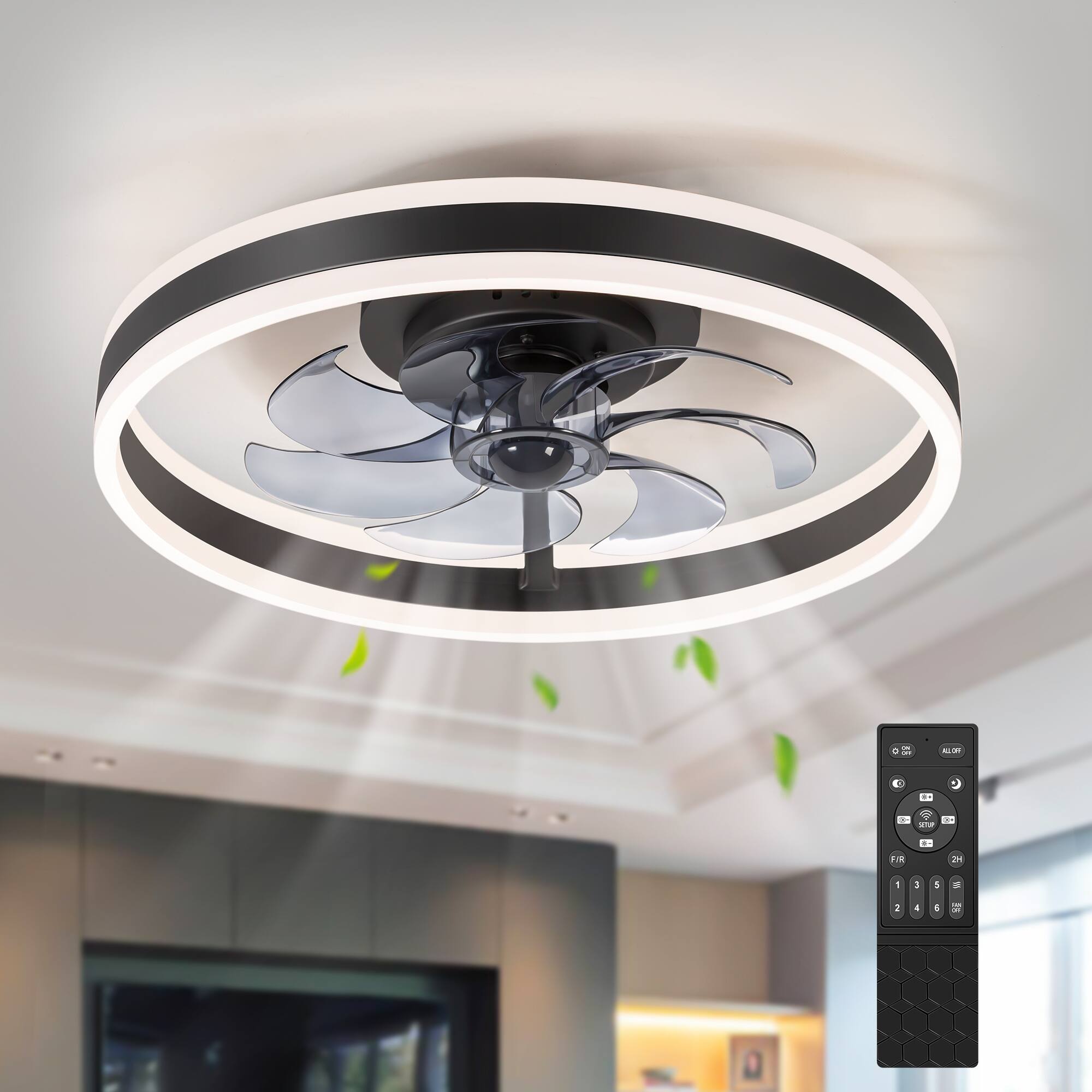 Angle. Breezary - 20-Inch Flush Mount Enclosed Ceiling Fan with LED Light, Remote Control, 7 Blades, Reversible DC Motor - Black and Transparent.