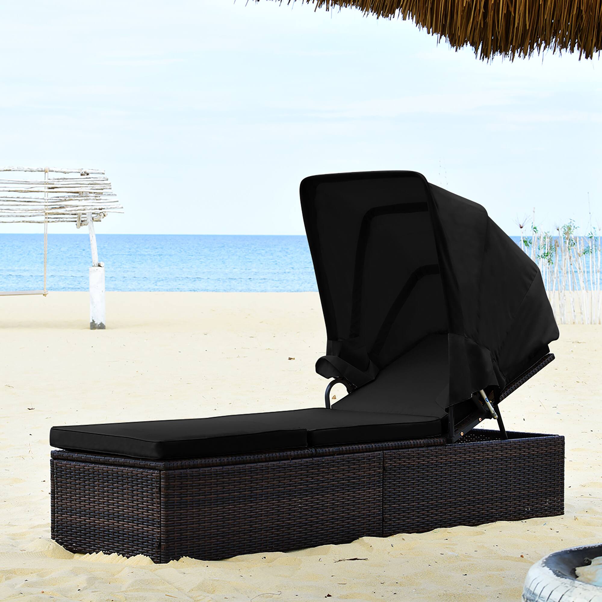 Alt View 8. Costway - Costway Patio Rattan Lounge Chair Chaise Cushioned Top Canopy Adjustable Tea Table - Black.
