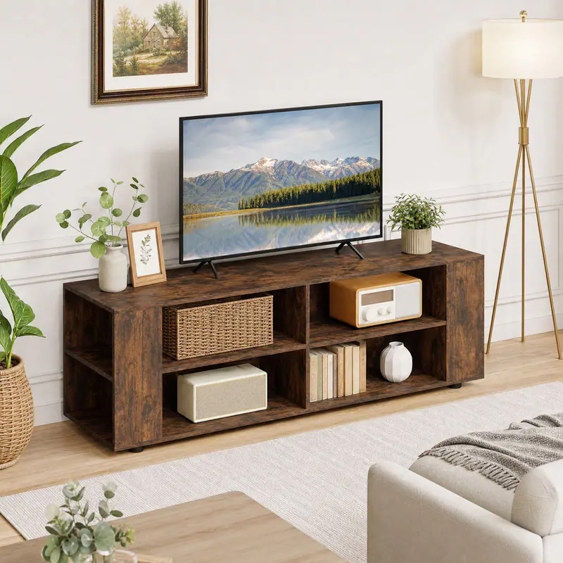 Angle. WELLFOR - Modern TV Stand for TVs up to 65 Inch, Entertainment Center Media Console Table with 8 Open Shelves - Walnut.