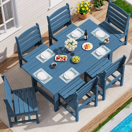 Front. SERWALL - Armless Outdoor Dining Set, HDPE Dining Furniture with Rectangular Table & 6 Chairs, All-Weather Resistant Dining Set - Blue.