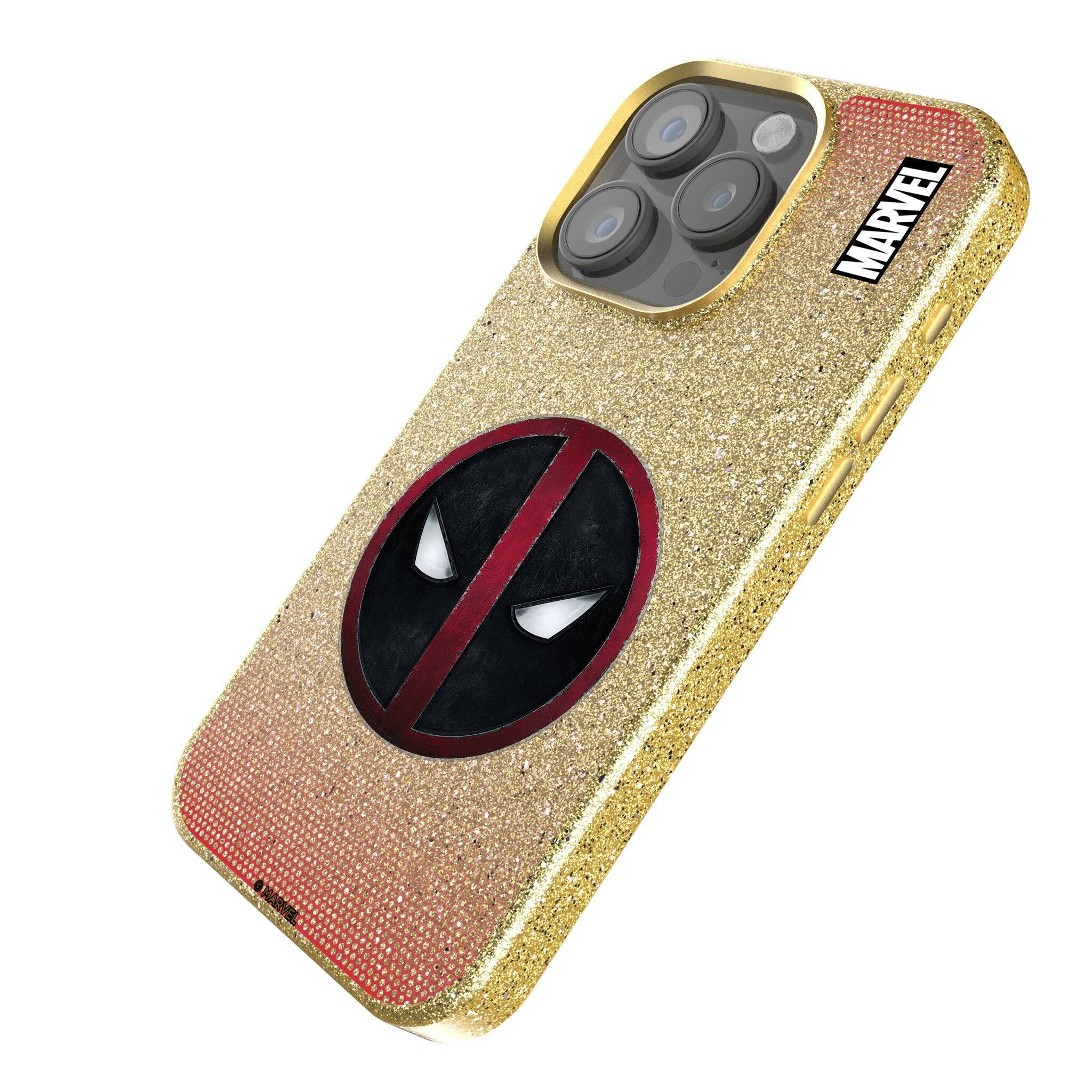 Angle. Keyscaper - Marvel Grid Gold Bling Phone Case - Apple iPhone 16 Pro Max - Deadpool.