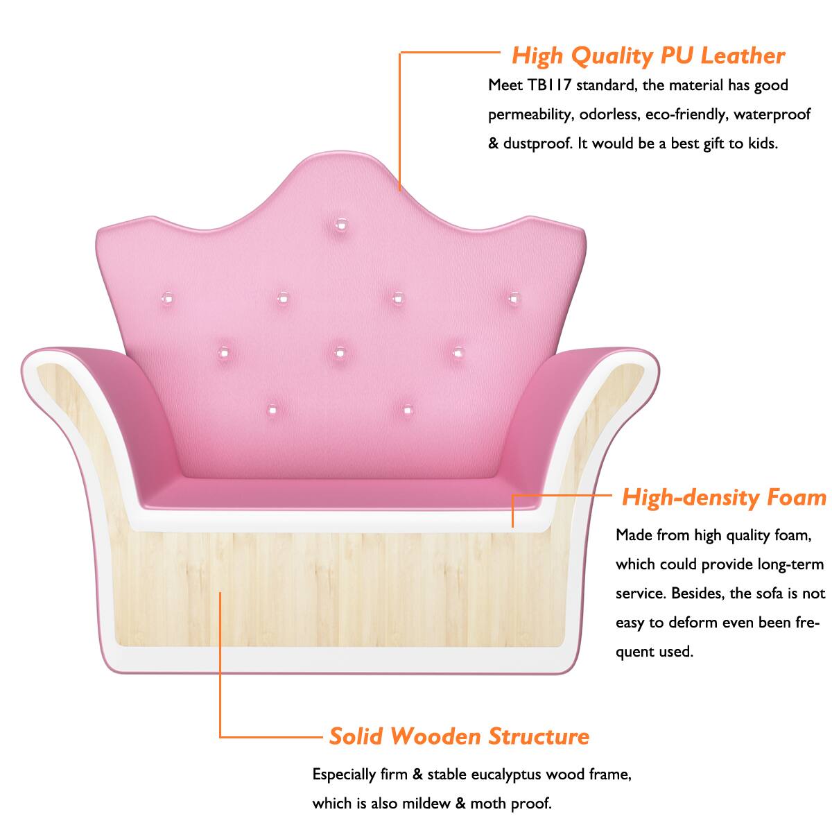 High Quality PU Leather  
Meet TBI17 standard, the material has good permeability, odorless, eco-friendly, waterproof & dustproof. It would be a best gift to kids.

High-density Foam  
Made from high quality foam, which could provide long-term service. Besides, the sofa is not easy to deform even been frequently used.

Solid Wooden Structure  
Especially firm & stable eucalyptus wood frame, which is also mildew & moth proof.