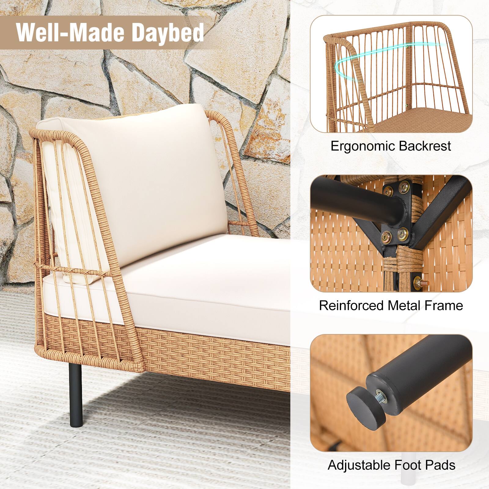 Well-Made Daybed

- Ergonomic Backrest
- Reinforced Metal Frame
- Adjustable Foot Pads