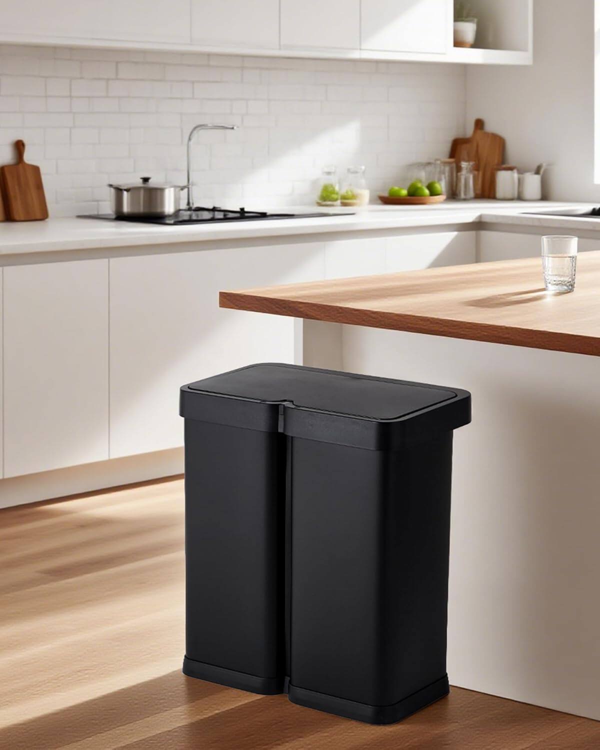 Alt View 1. Homhougo - 16 Gallon Motion Sensor Trash Can - 2x30L Dual Compartment Automatic Garbage Can - Black.