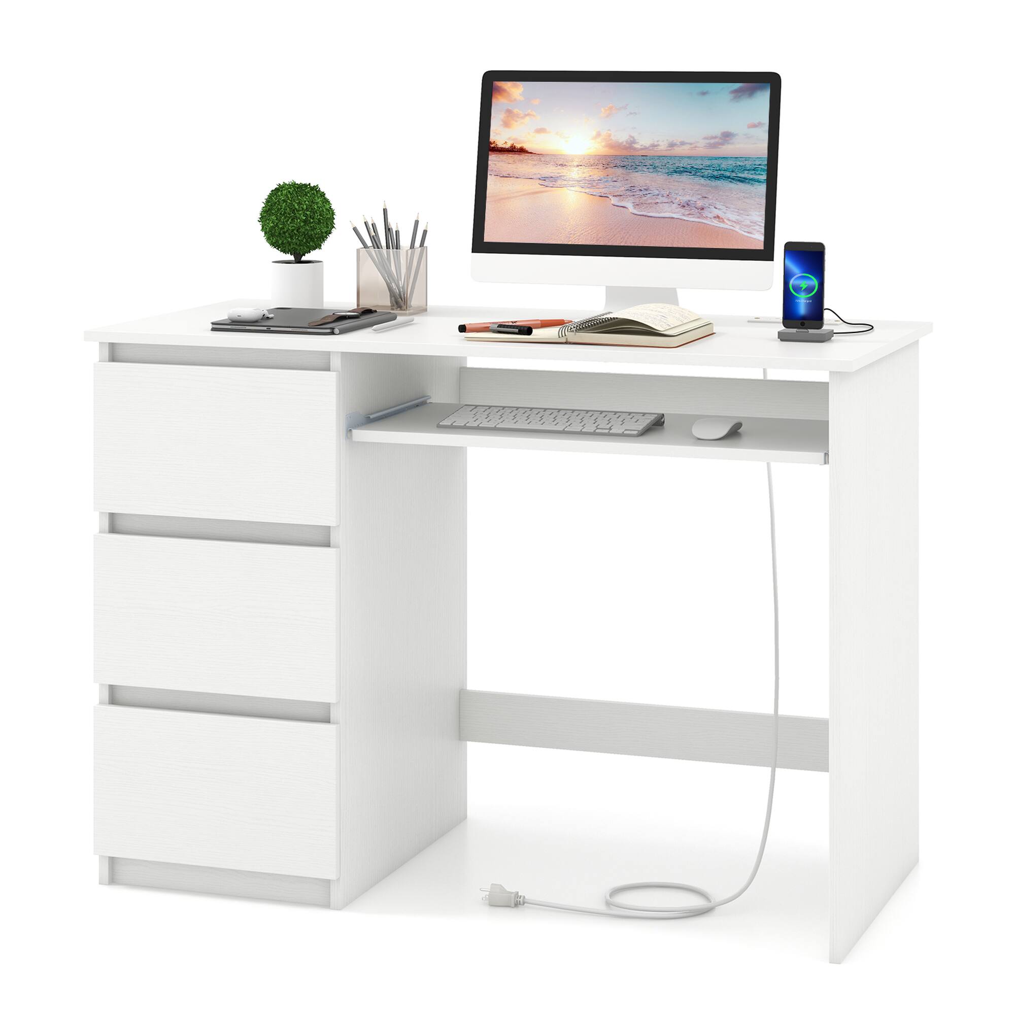 Costway - Computer Desk with Built-in Charging Station USB & Type-C Ports Keyboard Tray & 3 Drawers - White