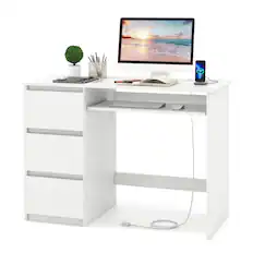 Front. Costway - Costway Computer Desk with Built-in Charging Station USB & Type-C Ports Keyboard Tray & 3 Drawers White - White.