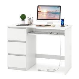 Costway - Computer Desk with Built-in Charging Station USB & Type-C Ports Keyboard Tray & 3 Drawers - White