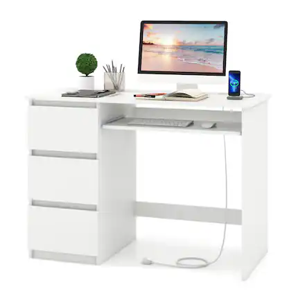 Front. Costway - Costway Computer Desk with Built-in Charging Station USB & Type-C Ports Keyboard Tray & 3 Drawers White - White.