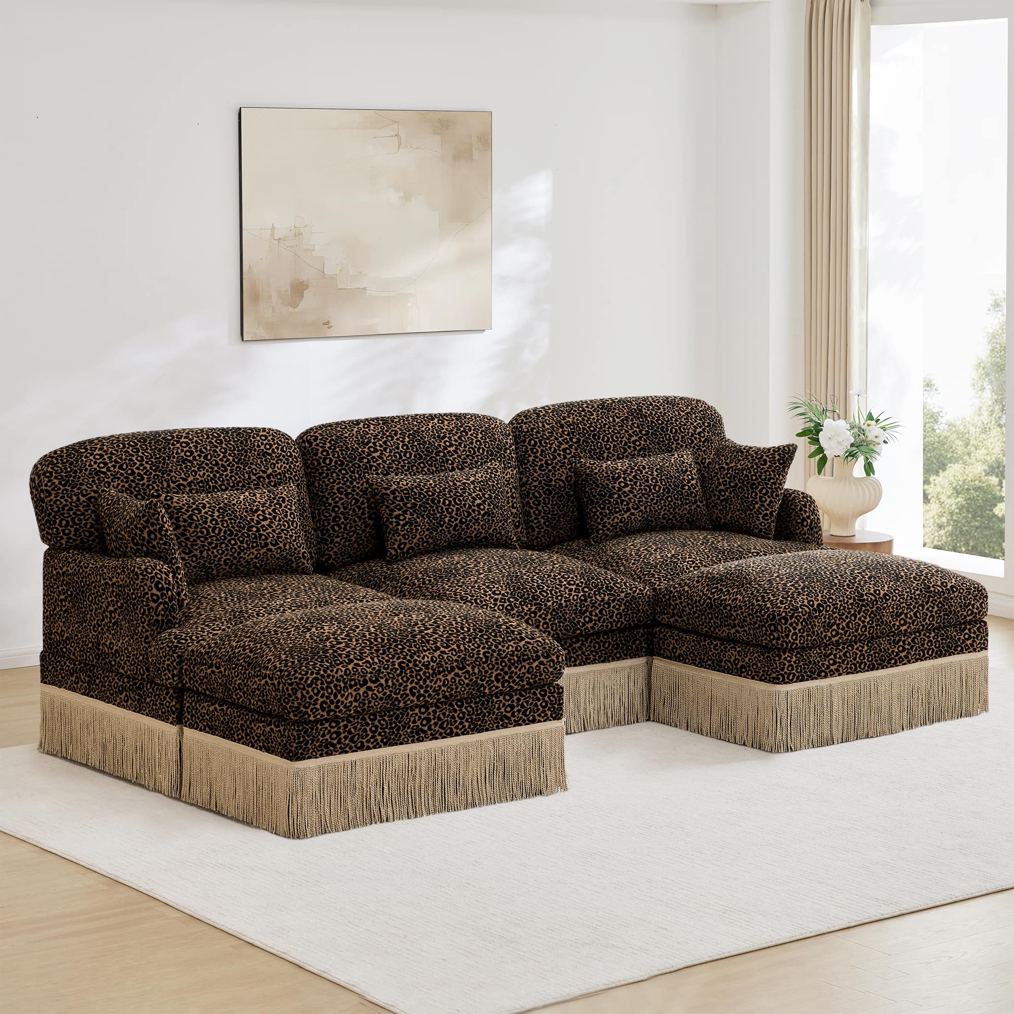 "Anysun - 100"" U-Shaped Chenille Leopard Print Sofa with Movable Ottomans & Tassel Edge, Ergonomic Deep Seat for Living Room - Brown" price history on PriceWatchPro
