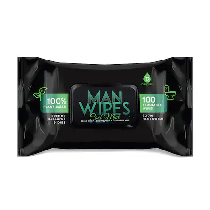 P PURSONIC De 100% MAN WIPES 100 FLUSHABLE PLANT BASED WIPES FREE OF PARABENS & DYES 7 x 7 IN (17.8 x 17.8 CM) With Mint. Eucalyptus Citriodora Oil