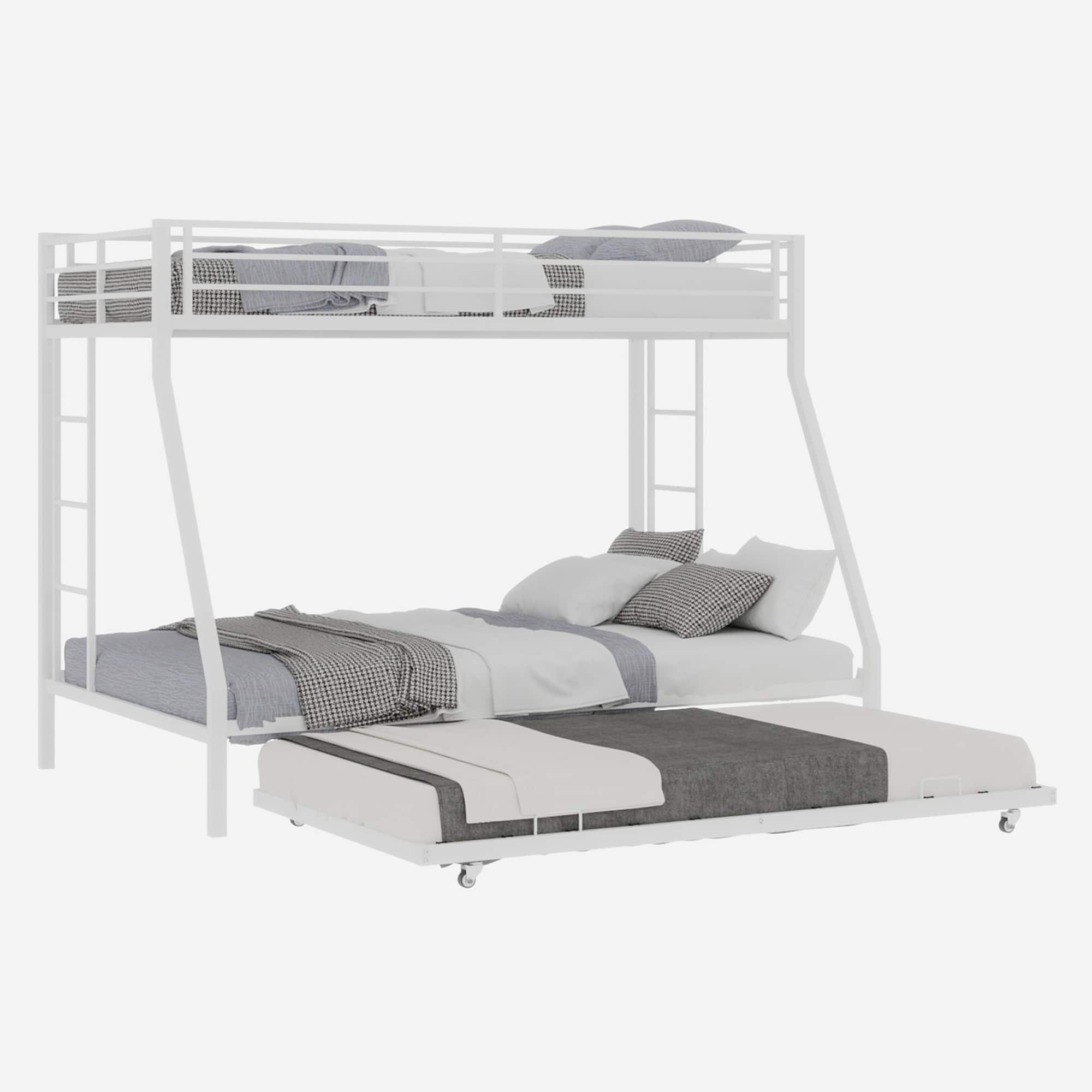 GOODSILO - Space-Saving Triple Sleeper Bunk Bed with Pull-Out Trundle, Sturdy Metal Frame, Queen Size - White