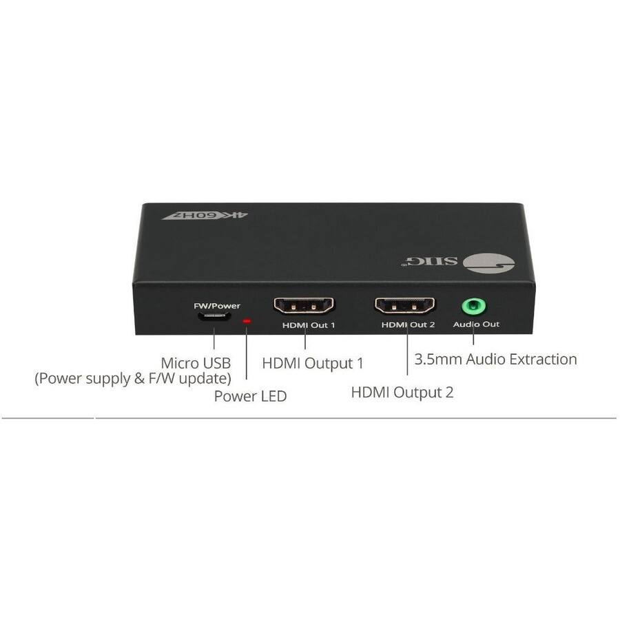 ZH09
SUG
FW/Power
HDMI Out 1
HDMI Out 2
Audio Out
Micro USB HDMI Output 1 3.5mm Audio Extraction (Power supply & F/W update) Power LED HDMI Output 2