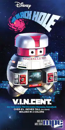 Disney
THE BLACK HOLE
VINCENT L.F. 396
V.I.N.CENT.
(his name means Vital Information Necessary, Centralized)
OVER 8 1/2 INCHES TALL (on stand)
MOLDED IN 2 COLORS
MODEL KIT
MODELE REDUIT
mpc