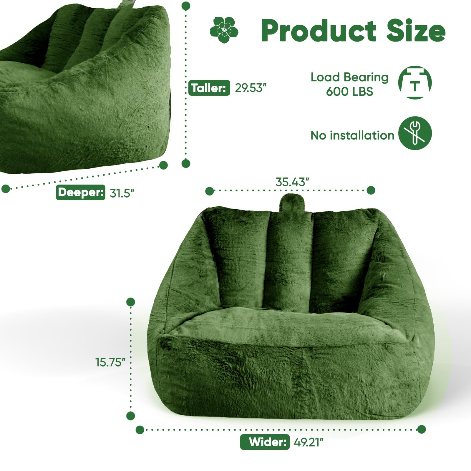 Product Size  
Taller: 29.53"  
Deeper: 31.5"  
Wider: 49.21"  
Load Bearing: 600 LBS  
No installation