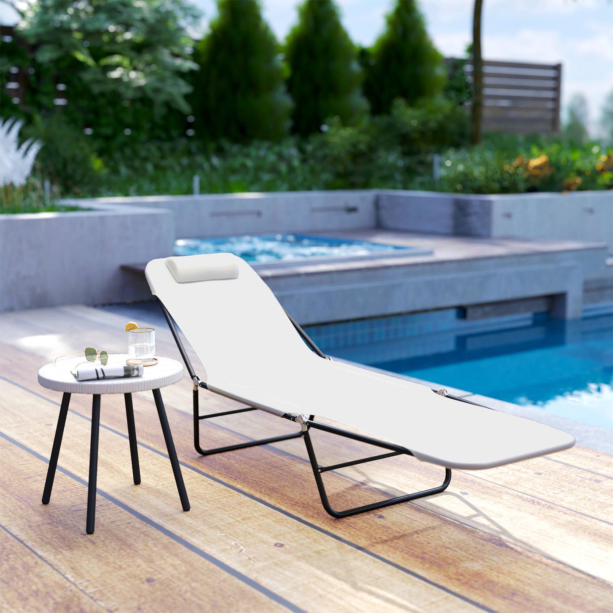Alt View 8. Outsunny - Folding Chaise Lounge Chair, Pool Sun Tanning Chair, Outdoor Lounge Chair with Reclining Back, Breathable Mesh Seat - Cream White.