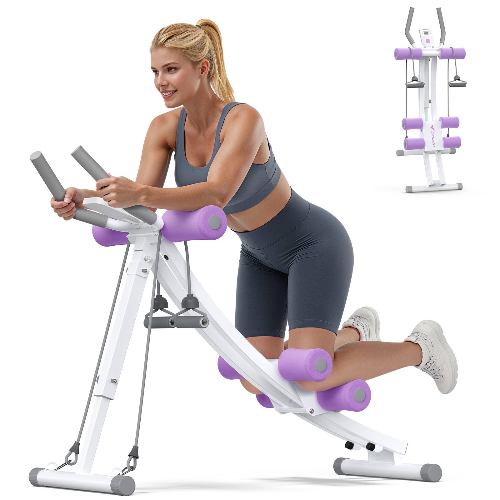 Angle. MERACH - MERACH Ab Machine Foldable Ab Equipment for Full Body Workout Home Exercise Ergonomic Arc Track for Better Abs - Purple.