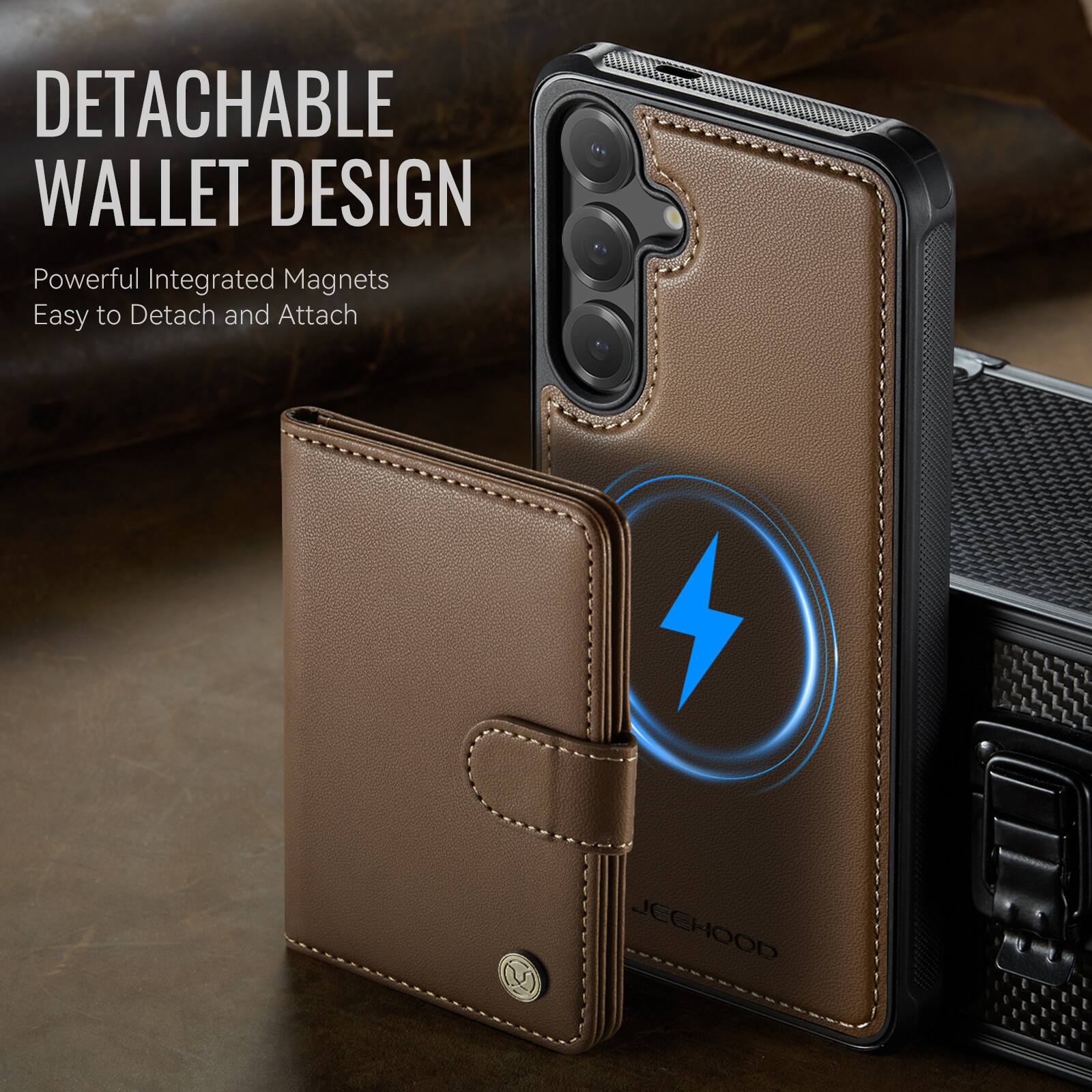 DETACHABLE WALLET DESIGN  
Powerful Integrated Magnets  
Easy to Detach and Attach  
JEEHOOD