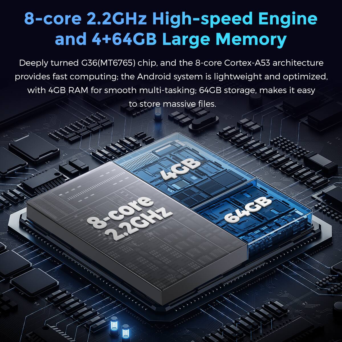 8-core 2.2GHz High-speed Engine and 4+64GB Large Memory

Deeply turned G36(MT6765) chip, and the 8-core Cortex-A53 architecture provides fast computing: the Android system is lightweight and optimized, with 4GB RAM for smooth multi-tasking: 64GB storage, makes it easy to store massive files.