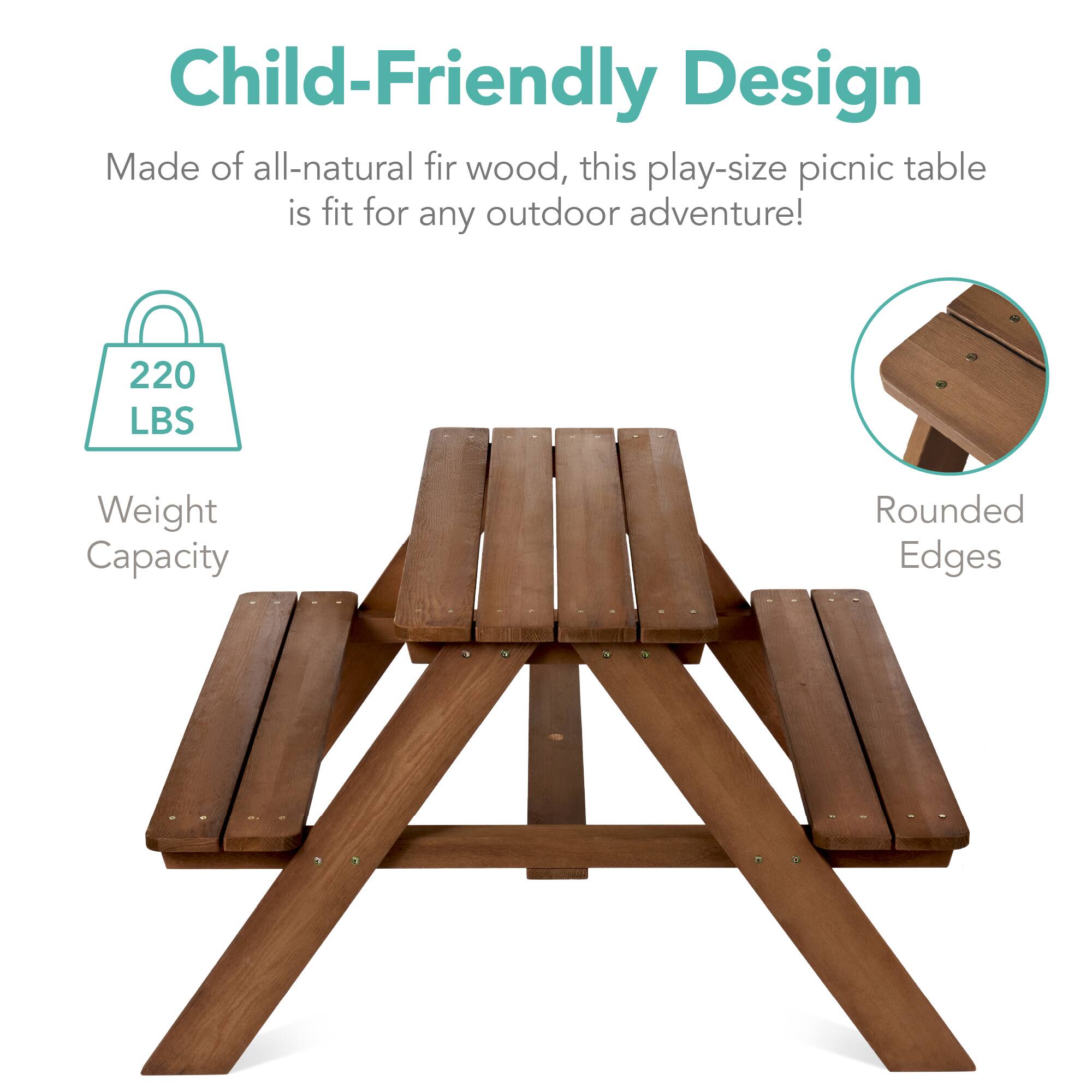 Child-Friendly Design

Made of all-natural fir wood, this play-size picnic table is fit for any outdoor adventure!

- 220 LBS Weight Capacity
- Rounded Edges