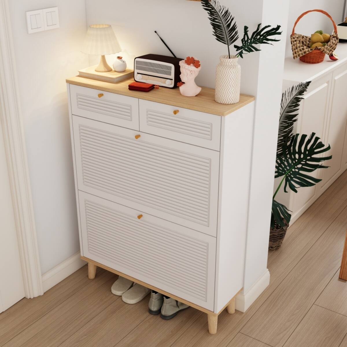 Alt View 6. Halitaa - Shoe Cabinet with 2 Flip-Up Doors & 2 Drawers - Modern Freestanding Shoe Organizer for Entryway Hallway & Apartments - White.