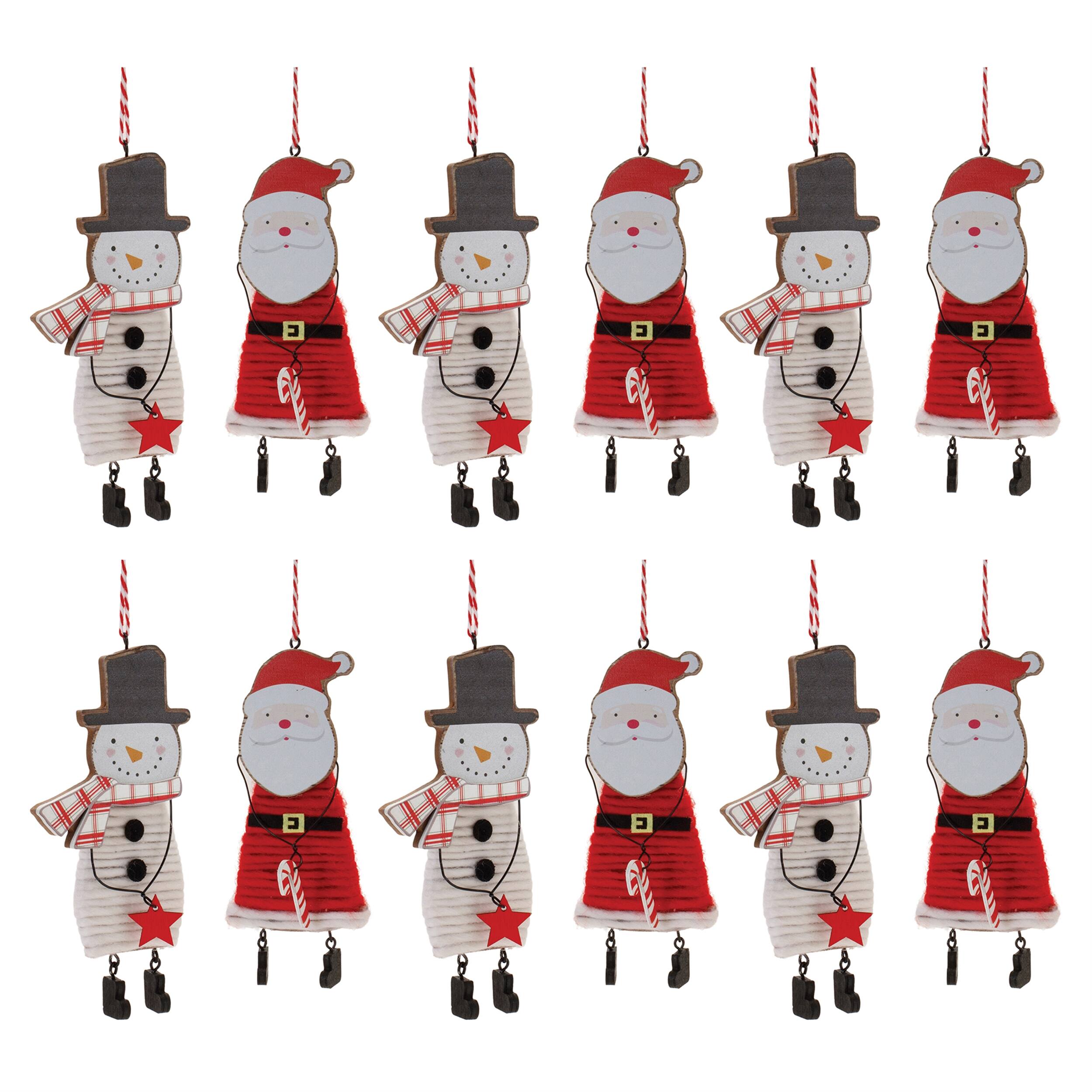 Left. BreeBe - Wood and Felt Snowman Santa Ornament (Set of 12) - Red, White.