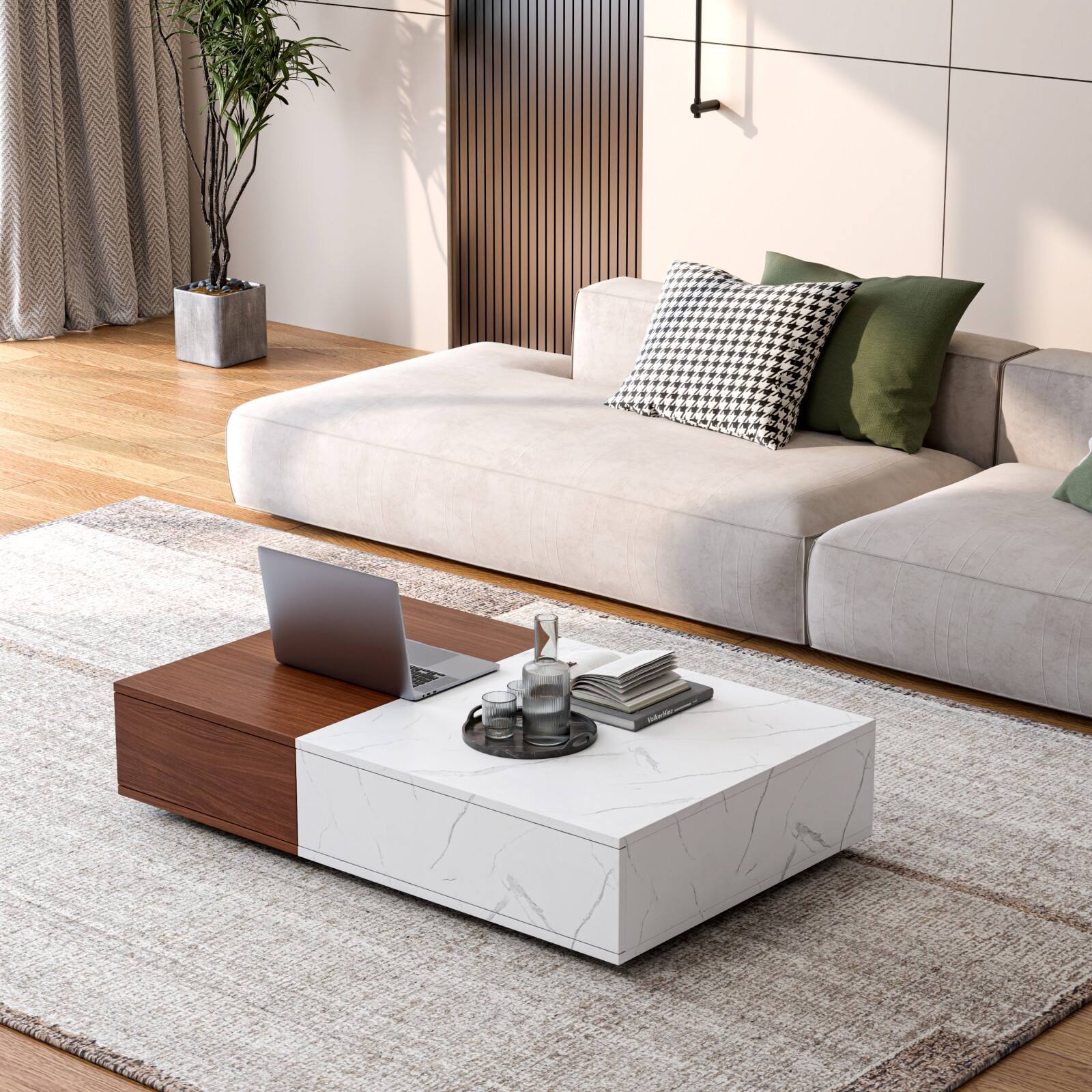 Alt View 1. Ecooso - Modern Coffee Table with Storage Shelves, Sturdy MDF Frame with Marble Finish and Two Tone Patchwork Design - Walnut Brown.