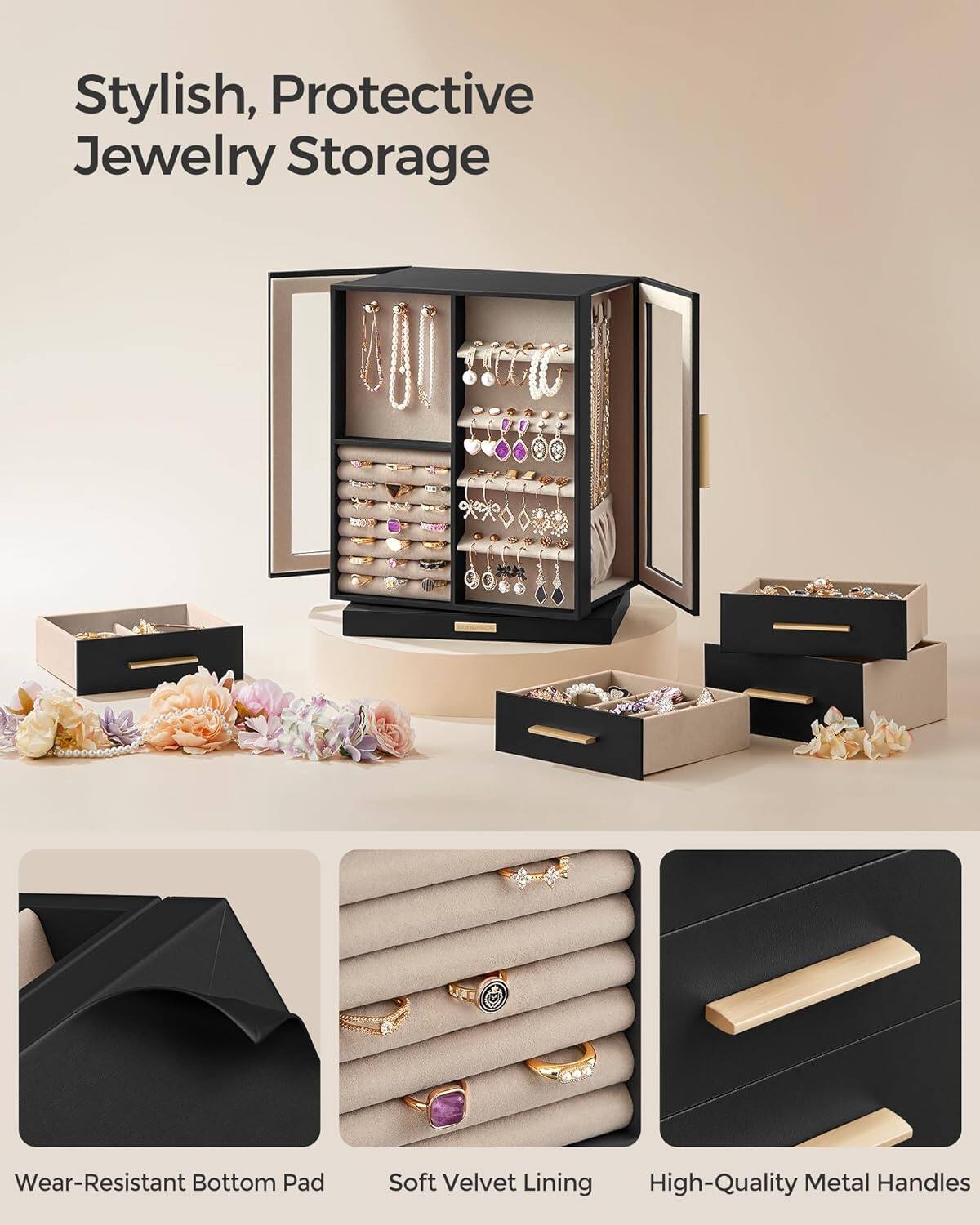 Stylish, Protective Jewelry Storage

- Wear-Resistant Bottom Pad
- Soft Velvet Lining
- High-Quality Metal Handles