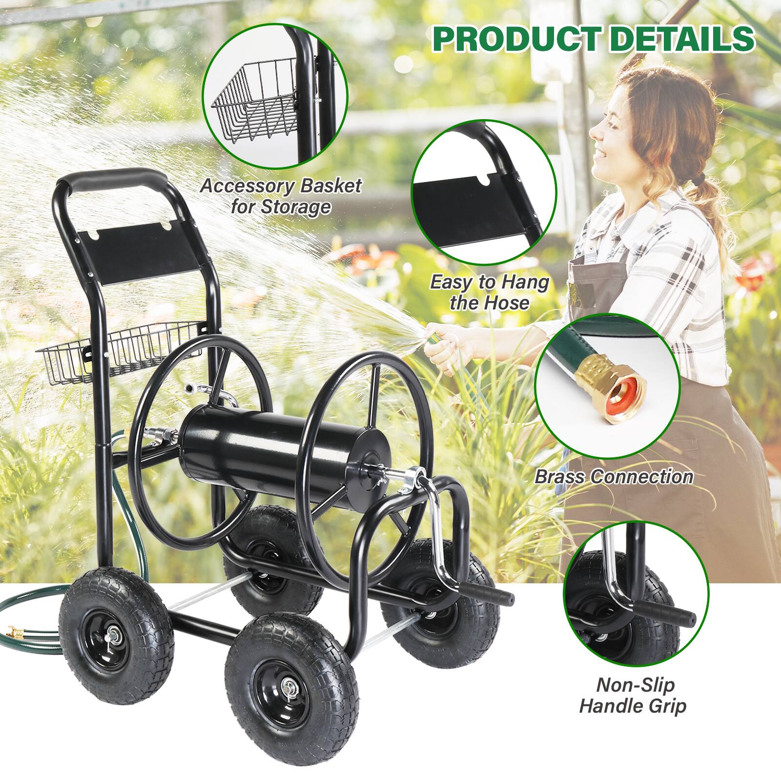 PRODUCT DETAILS

- Accessory Basket for Storage
- Easy to Hang the Hose
- Brass Connection
- Non-Slip Handle Grip
